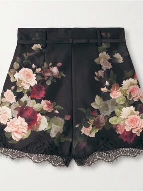 Zimmermann Black Floral High-Waist Shorts with Lace Hem
